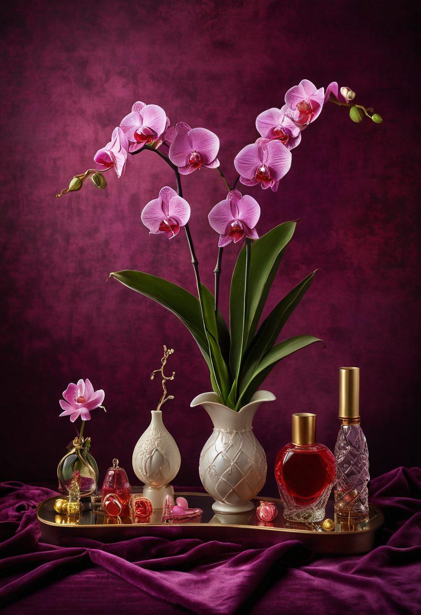 A tantalizing display of various exotic adult toys, artfully arranged on a plush velvet background. Incorporate soft, seductive lighting to emphasize curved shapes and textures. Include delicate botanicals like roses or orchids for an added touch of sensuality. The overall mood should be playful yet elegant, inviting exploration. vibrant colors. luxurious ambiance. soft focus.