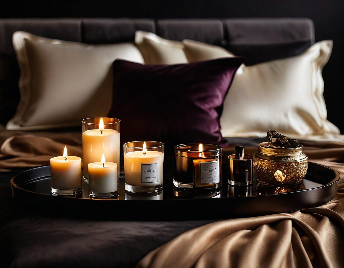 A sensual and inviting display of luxurious lifestyle products, including elegant candles, silk sheets, and tastefully designed intimate toys, arranged on a plush, dark velvet surface. Soft, warm lighting casts a gentle glow, enhancing the allure and intimacy of the scene. Subtle textures and deep colors evoke a feeling of romance and sophistication, inviting the viewer to explore. elegant photo, soft focus, warm tones.