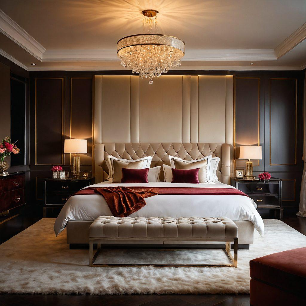 A stylish bedroom setting featuring a luxurious array of pleasure enhancement devices elegantly displayed on a plush velvet surface. The scene is softly lit with warm, inviting colors, showcasing a variety of textures from silk to leather. A hint of fantasy with delicate floral arrangements around the devices, creating a blend of sophistication and sensuality. Diverse devices displayed in tasteful arrangements, emphasizing luxury and intimacy. soft lighting. elegant composition. vibrant colors.